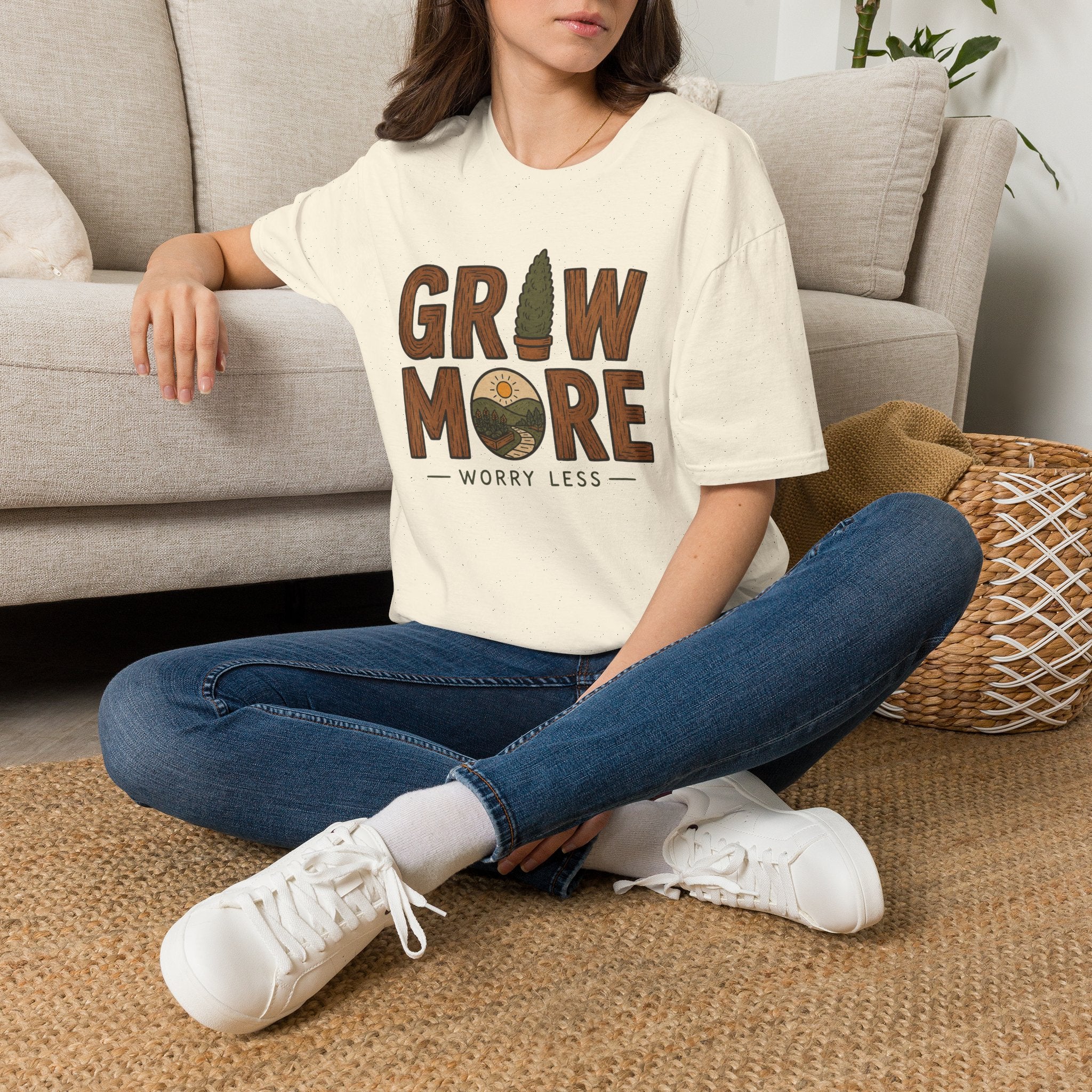 Grow More, Worry Less Garden T-Shirt by Zen & Zucchinis Slow Garden Club