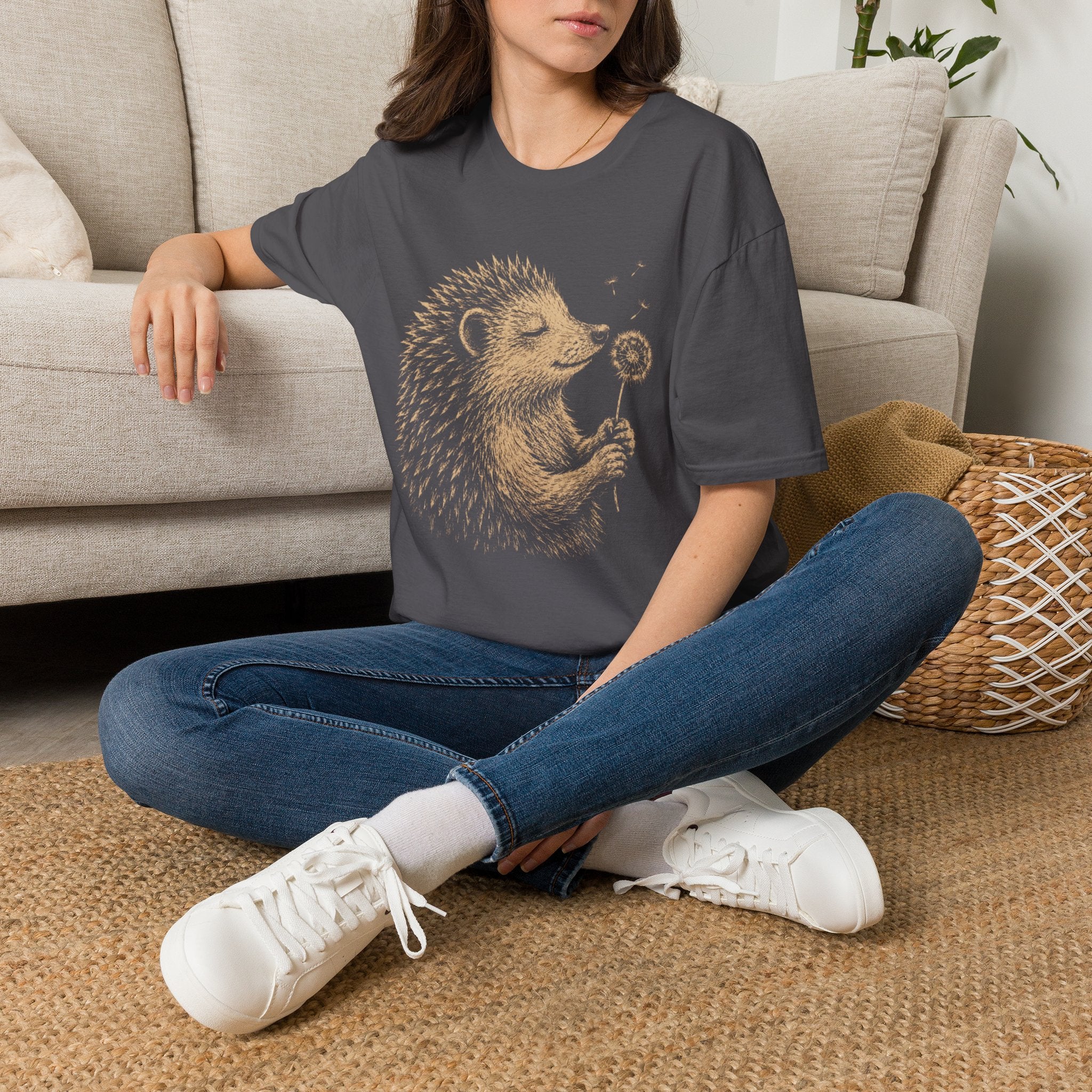Hedgehog Enjoys Dandelion Spring Garden T-Shirt by Zen & Zucchinis Slow Garden Club
