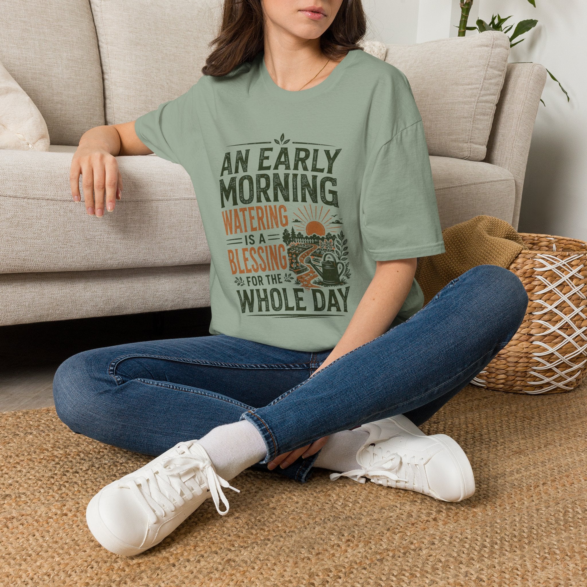 Early Morning Watering Blessing Garden T-Shirt by Zen & Zucchinis Slow Garden Club