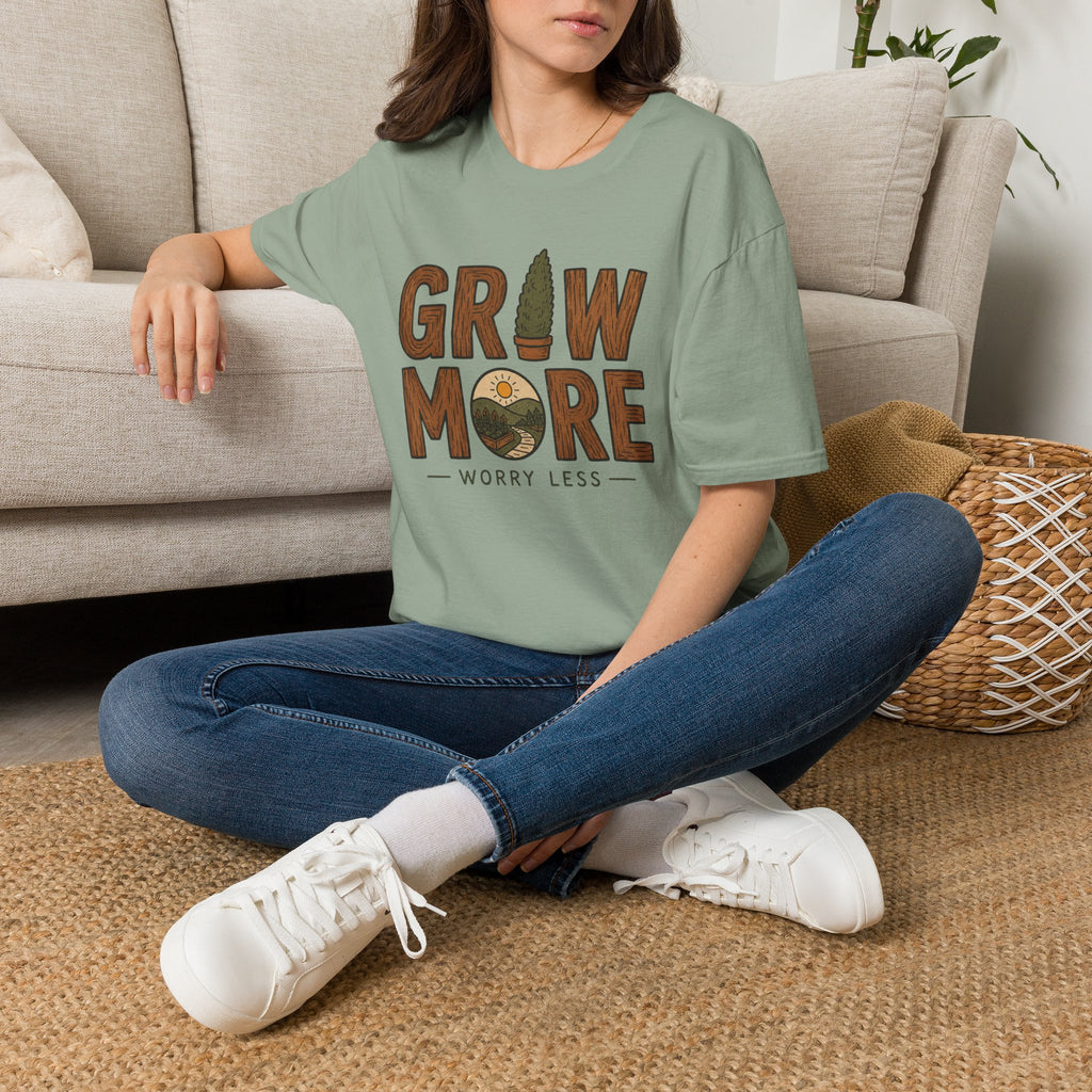 Grow More, Worry Less Garden T-Shirt by Zen & Zucchinis Slow Garden Club