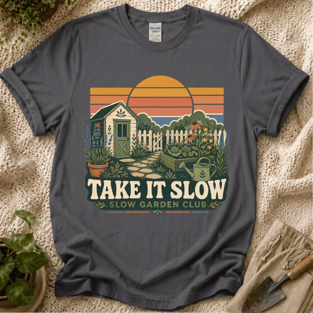 Take It Slow Garden Sunset T-Shirt - Zen & Zucchinis garden graphic tee
