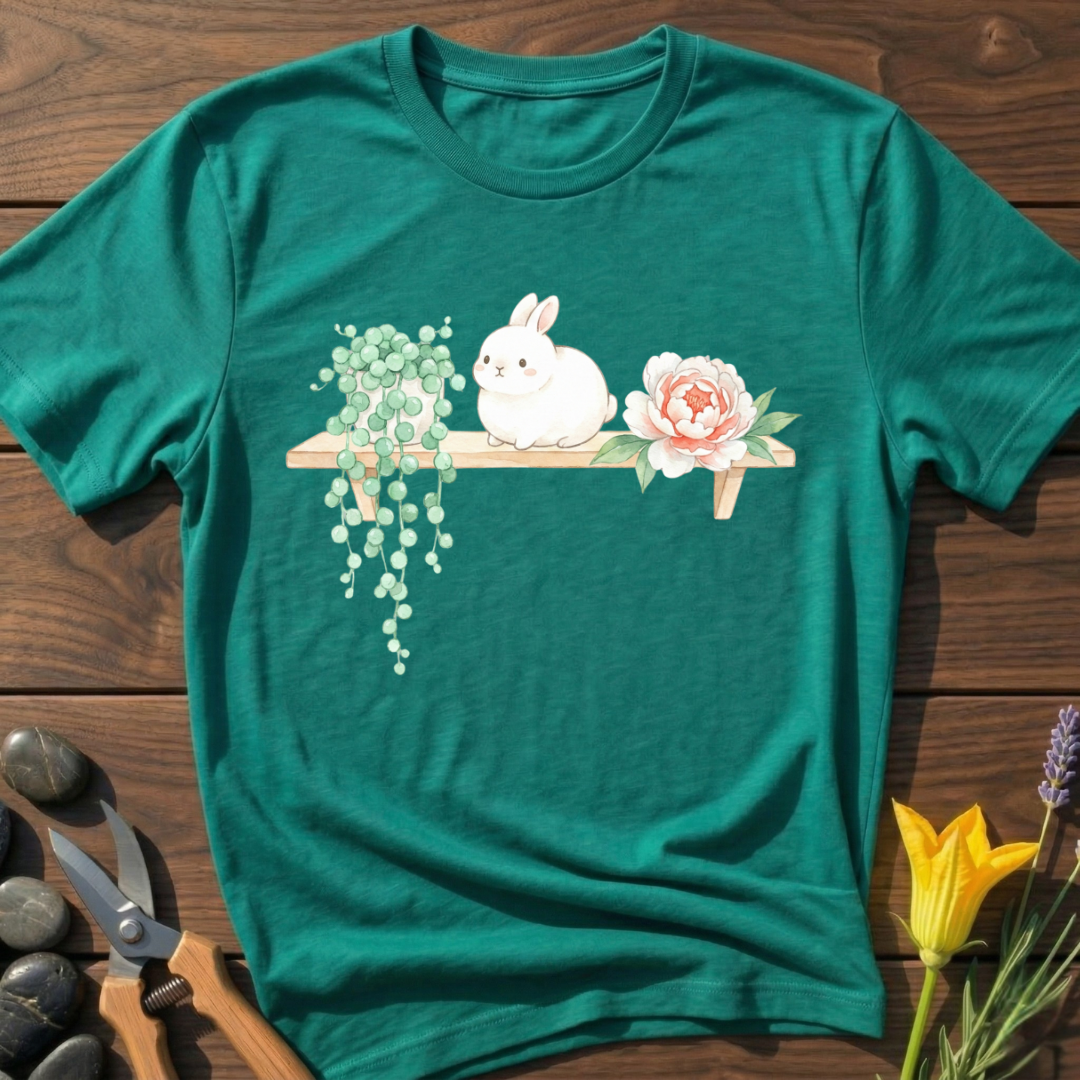 Shelf Bunny T-Shirt - botanical nature graphic t-shirt, minimalist design, unisex tee for Nature Lovers, Garnder, Farmer, Plant Lovers