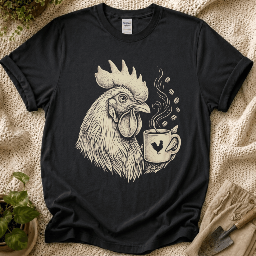 Morning Rooster Coffee Cup T-Shirt by Zen & Zucchinis Slow Garden Club