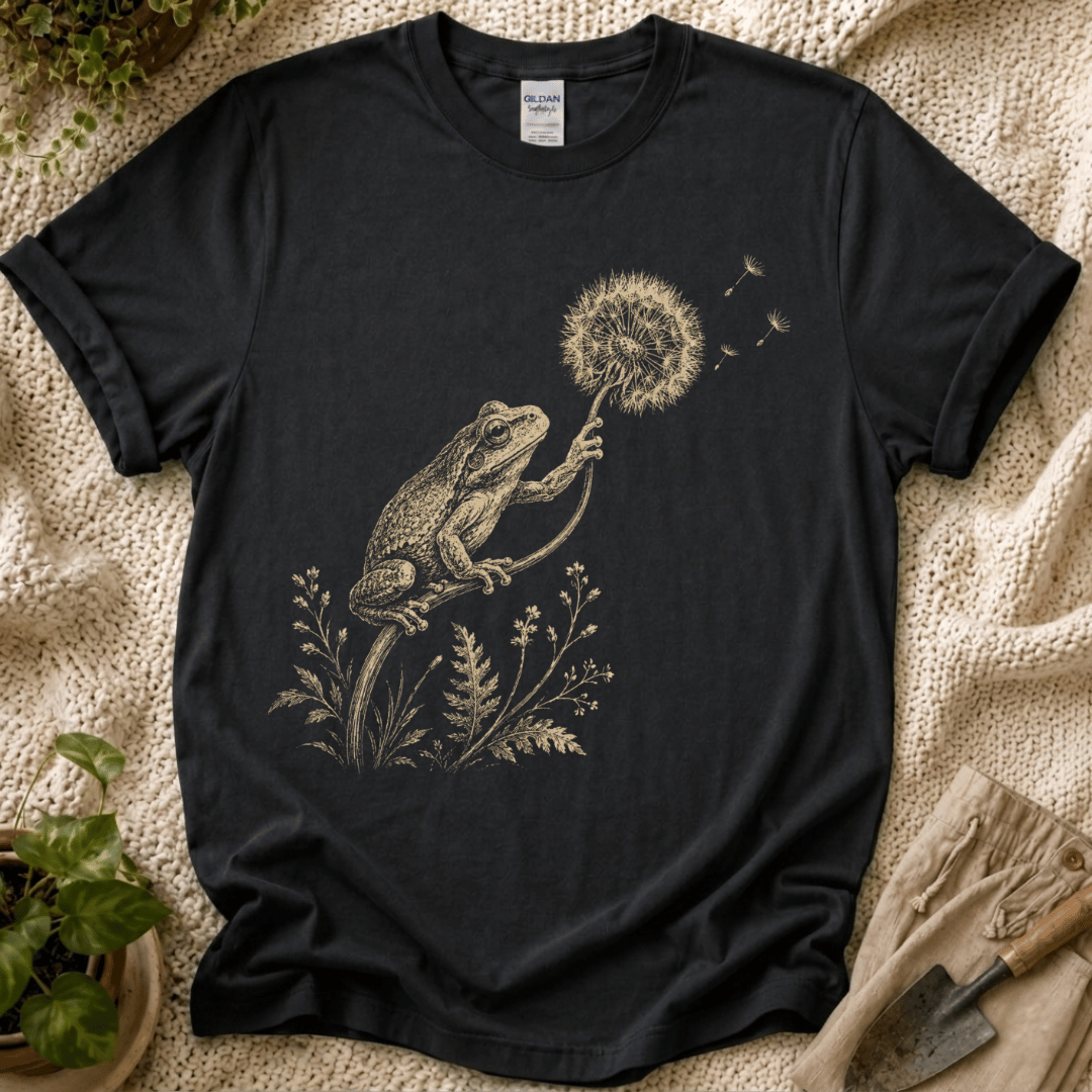 Frog with Dandelion Wish T-Shirt by Zen & Zucchinis Slow Garden Club