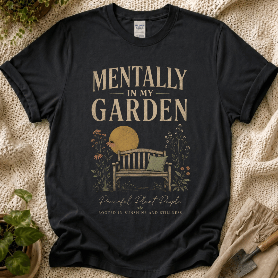 Mentally in My Garden Sunset Garden Bench T-Shirt by Zen & Zucchinis Slow Garden Club