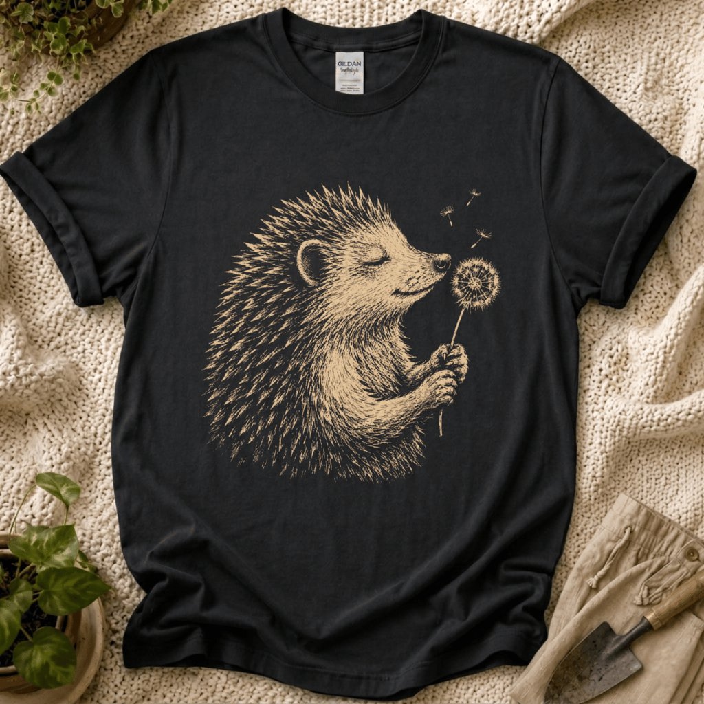 Hedgehog Enjoys Dandelion Spring Garden T-Shirt by Zen & Zucchinis Slow Garden Club