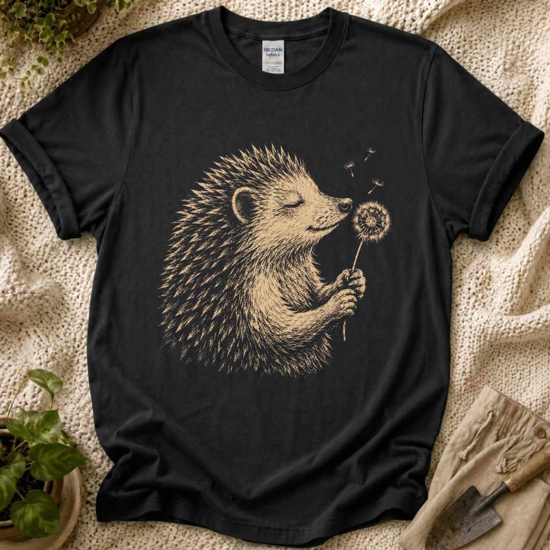 Hedgehog Enjoys Dandelion Spring Garden T-Shirt by Zen & Zucchinis Slow Garden Club