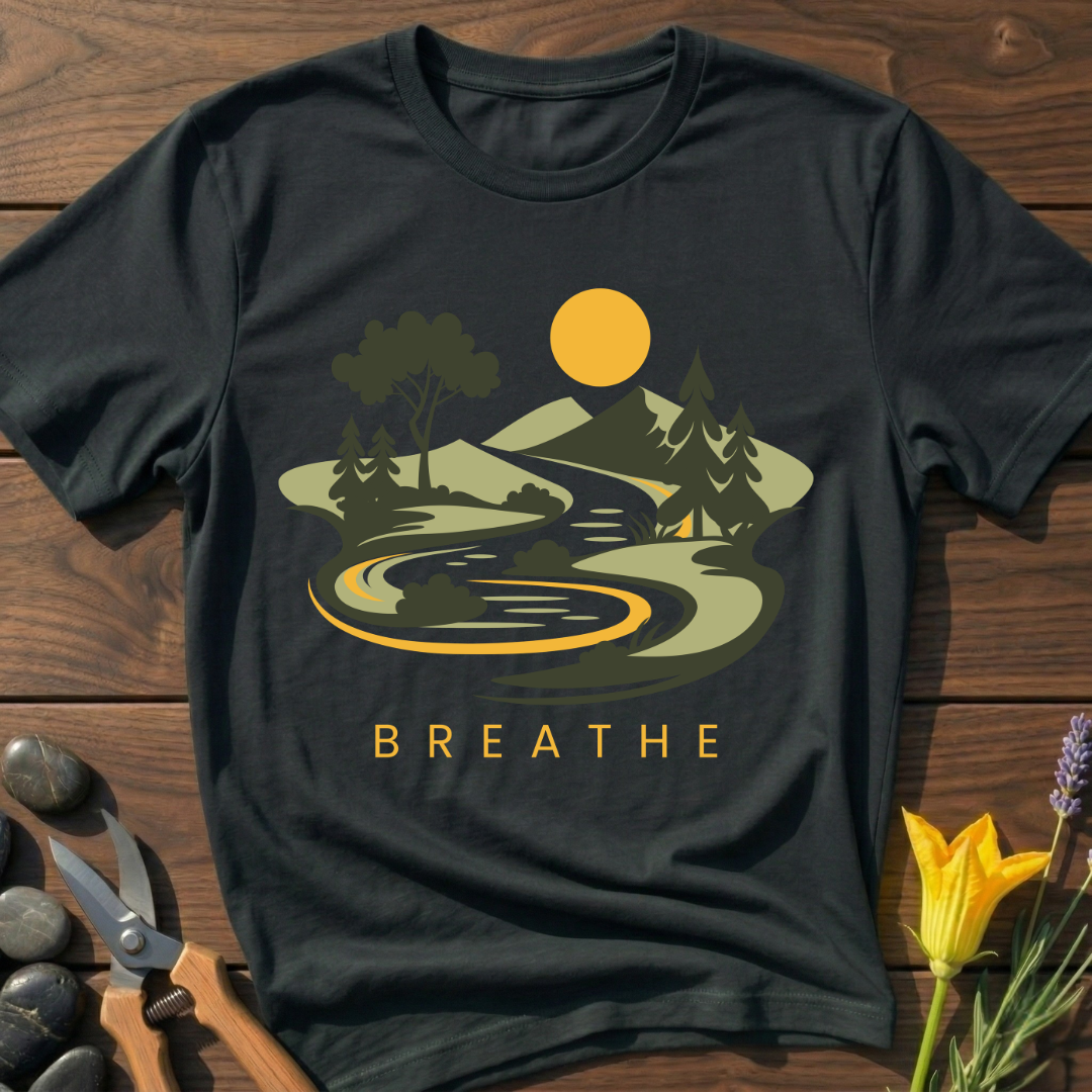 Black t-shirt with nature graphic and 'BREATHE' text on a wooden surface with flowers and scissors.