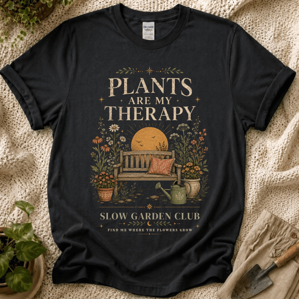 Plants Are My Therapy Sunset T-Shirt by Zen & Zucchinis Slow Garden Club