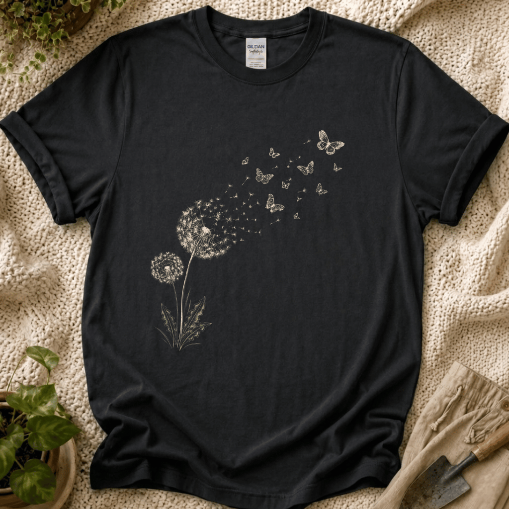 Dandelion Butterfly in the Wind T-Shirt by Zen & Zucchinis Slow Garden Club