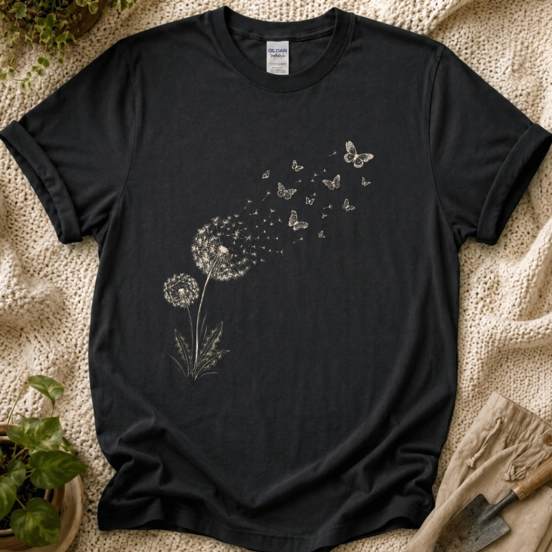 Dandelion Butterfly in the Wind T-Shirt by Zen & Zucchinis Slow Garden Club