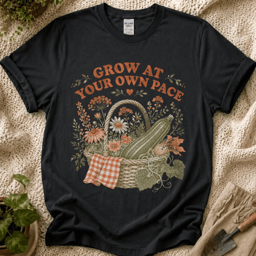 Grow at Your Own Pace Zucchini Basket T-Shirt by Zen & Zucchinis Slow Garden Club