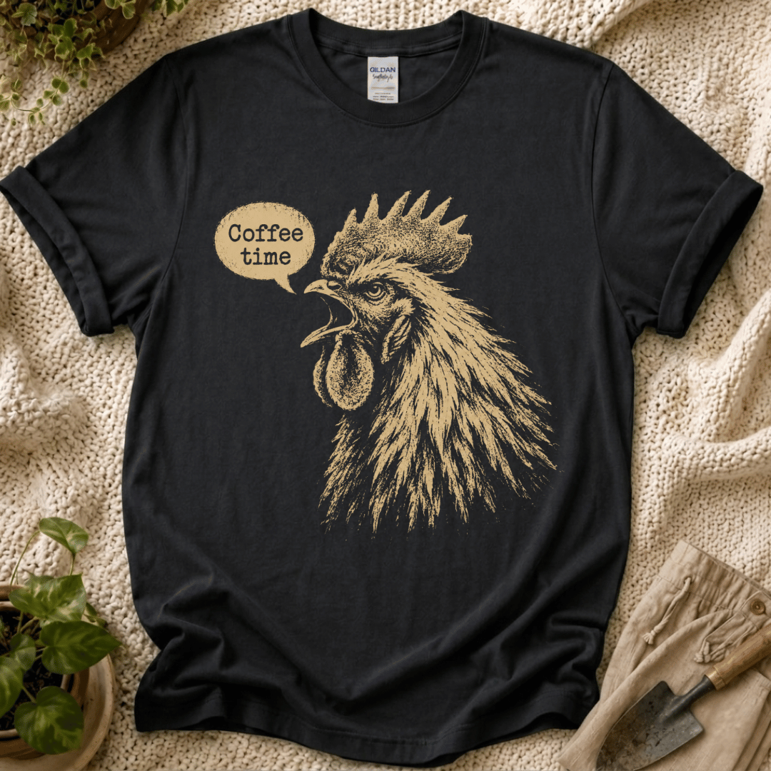 Coffee Time Cottage Garden Rooster T-Shirt by Zen & Zucchinis Slow Garden Club