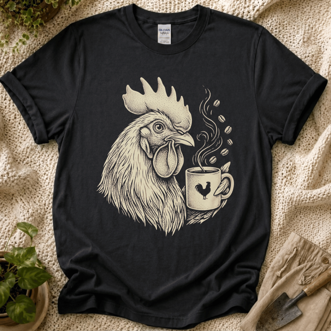 Morning Rooster Coffee Cup T-Shirt by Zen & Zucchinis Slow Garden Club