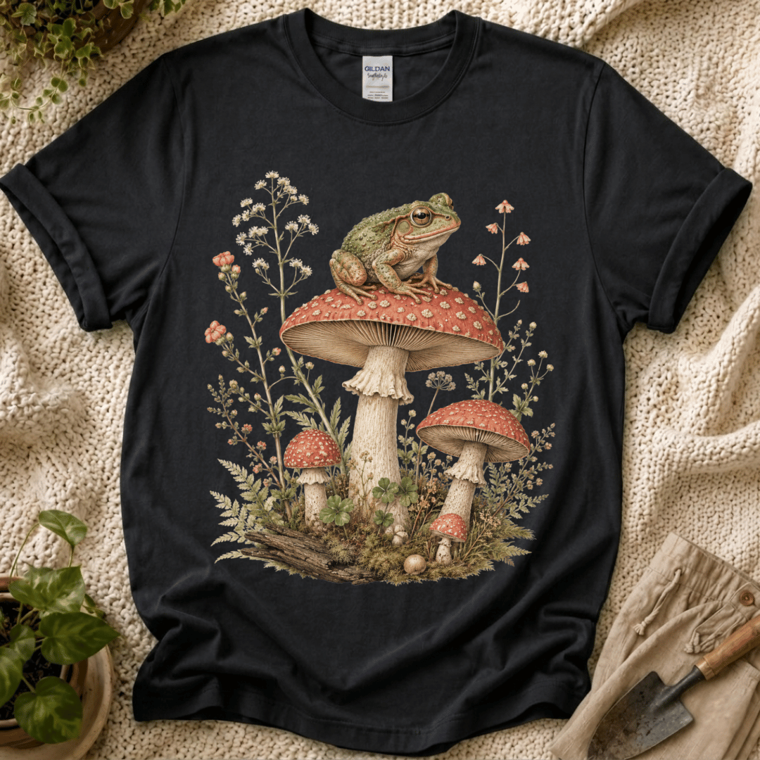 Frog on Mushrooms Cottage Garden T-Shirt