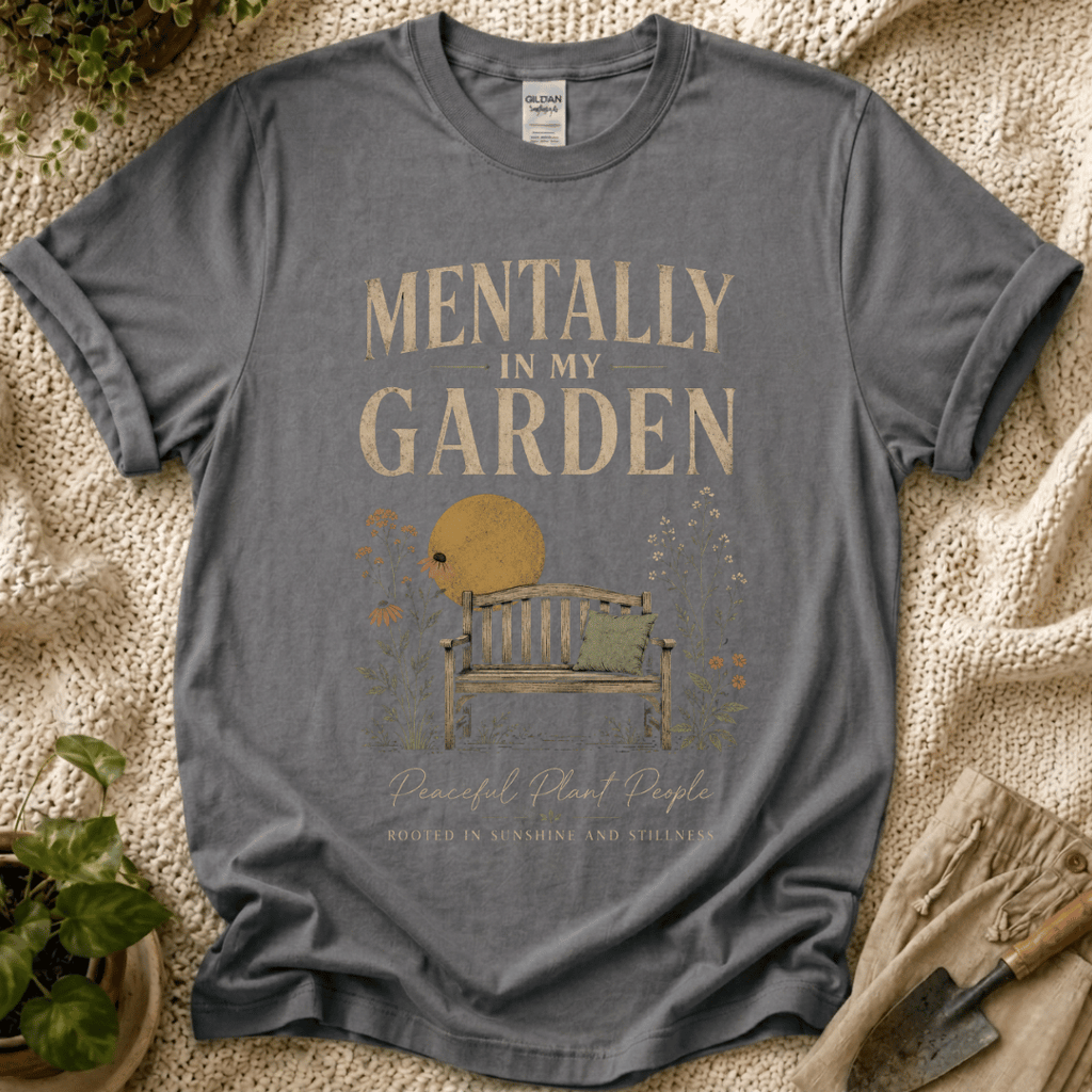 Mentally in My Garden Sunset Garden Bench T-Shirt by Zen & Zucchinis Slow Garden Club