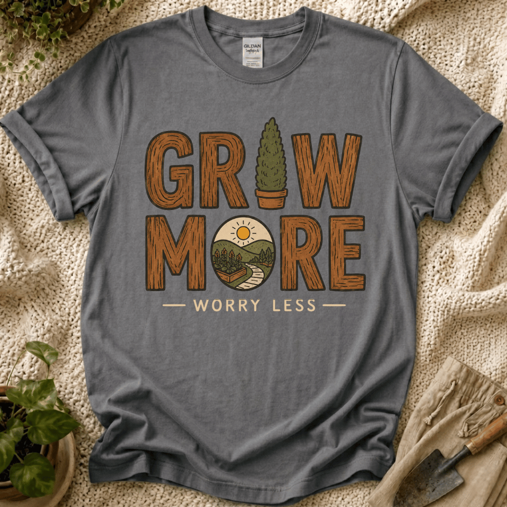 Grow More, Worry Less Garden T-Shirt by Zen & Zucchinis Slow Garden Club
