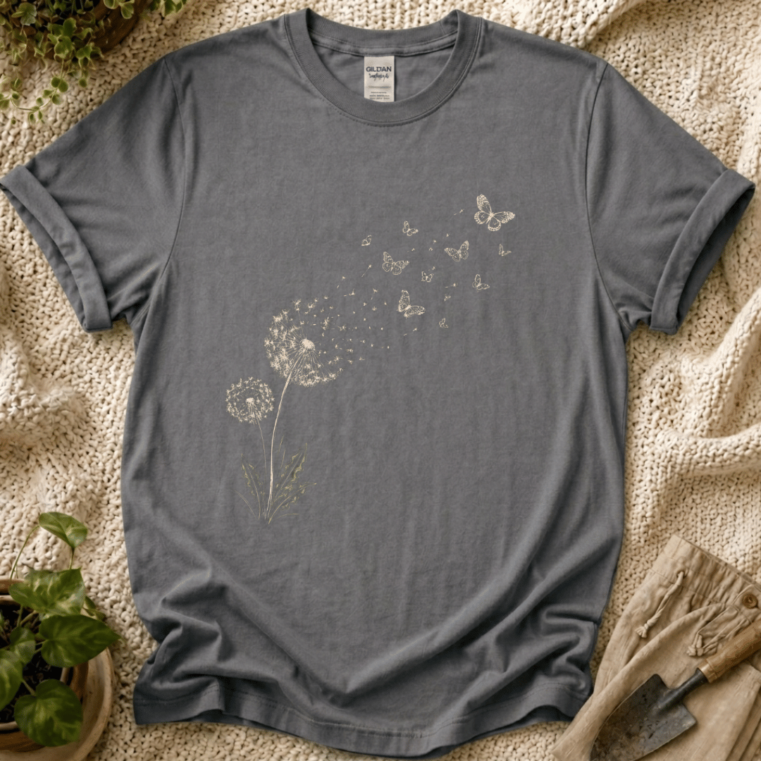 Dandelion Butterfly in the Wind T-Shirt by Zen & Zucchinis Slow Garden Club