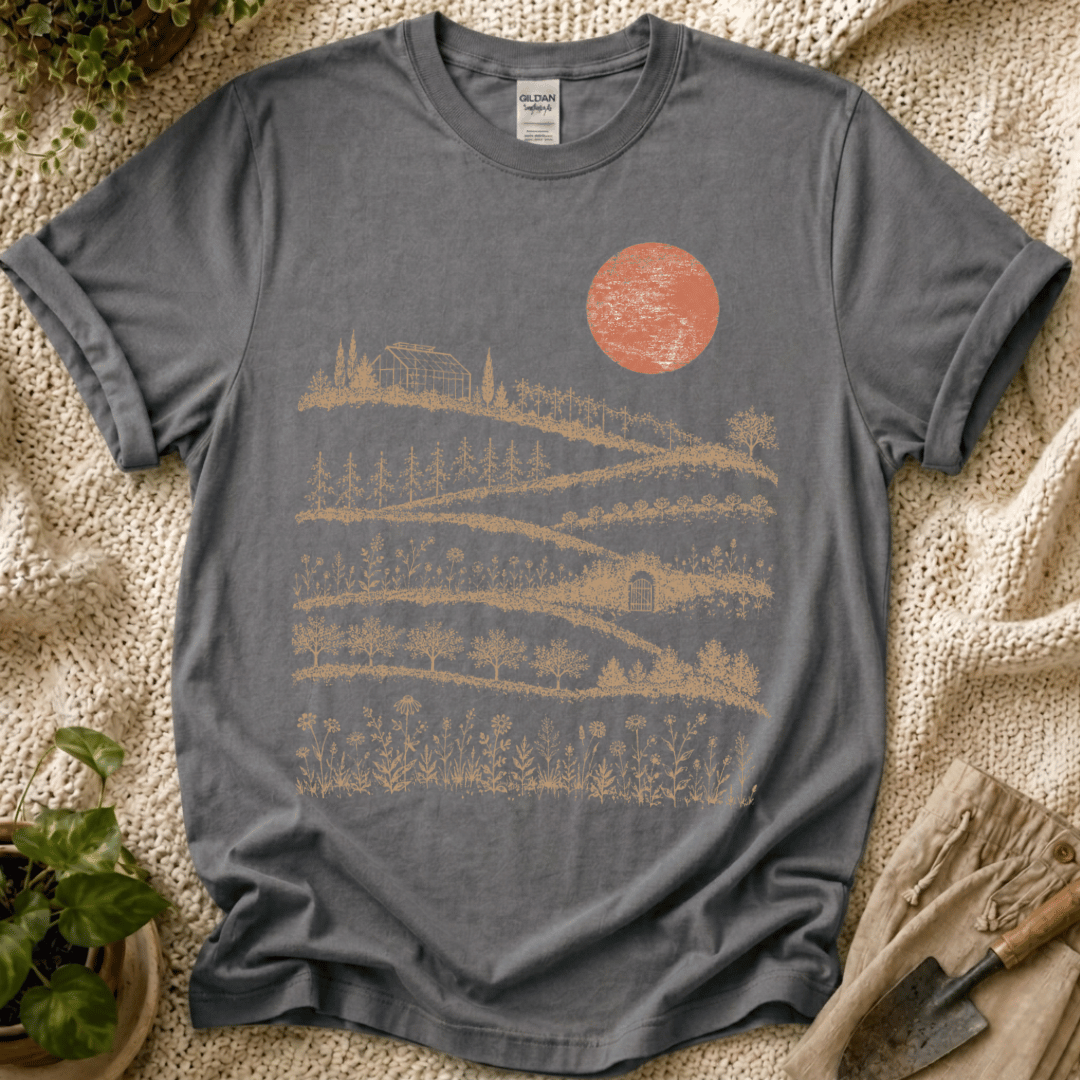 Red Sunset Over Garden T-Shirt by Zen & Zucchinis Slow Garden Club