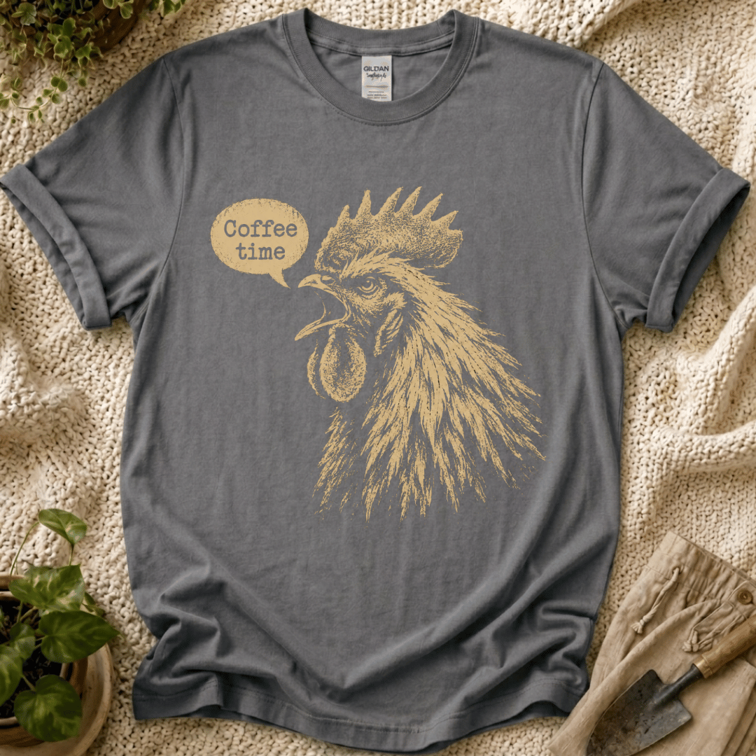 Coffee Time Cottage Garden Rooster T-Shirt by Zen & Zucchinis Slow Garden Club