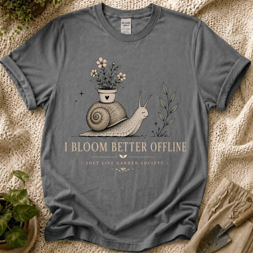 I Bloom Better Offline Snail T-Shirt by Zen & Zucchinis Slow Garden Club
