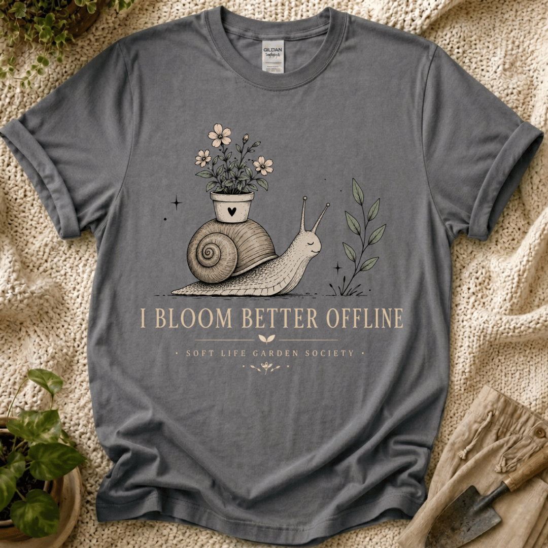 I Bloom Better Offline Snail T-Shirt by Zen & Zucchinis Slow Garden Club