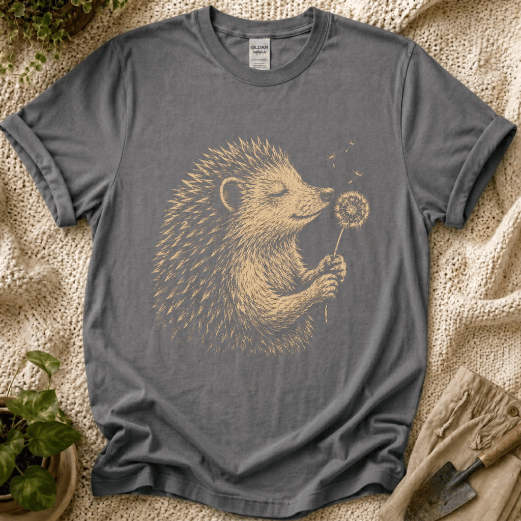 Hedgehog Enjoys Dandelion Spring Garden T-Shirt by Zen & Zucchinis Slow Garden Club