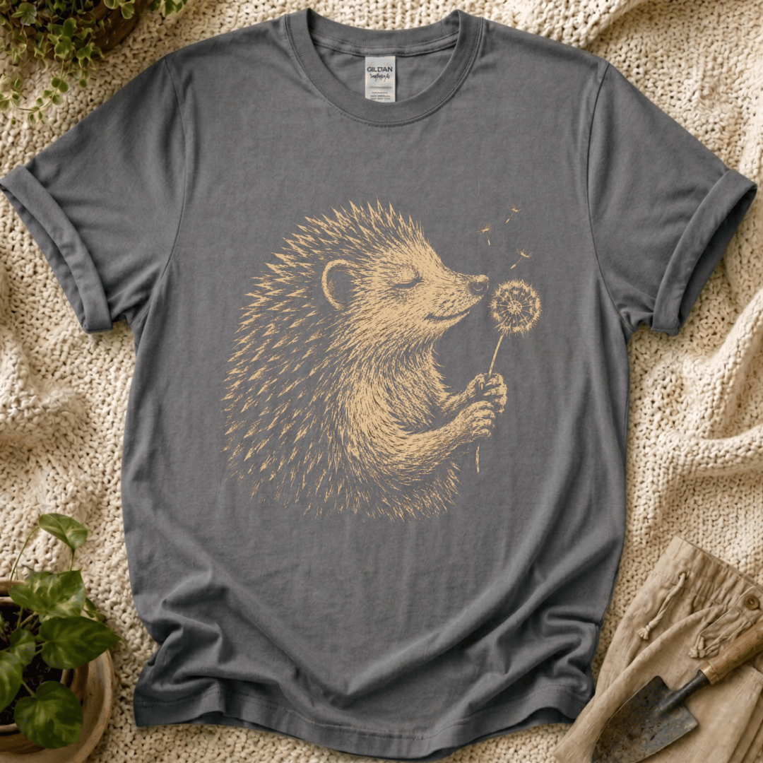 Hedgehog Enjoys Dandelion Spring Garden T-Shirt by Zen & Zucchinis Slow Garden Club