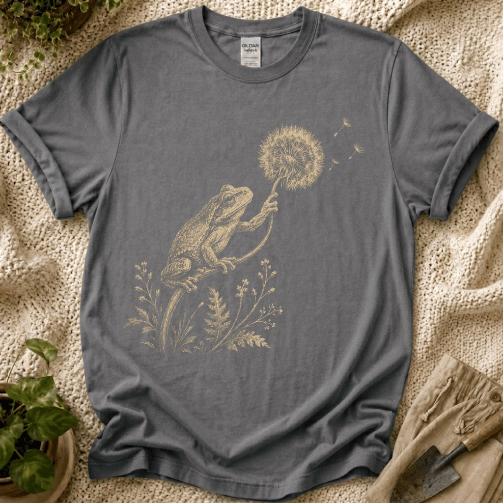 Frog with Dandelion Wish T-Shirt by Zen & Zucchinis Slow Garden Club