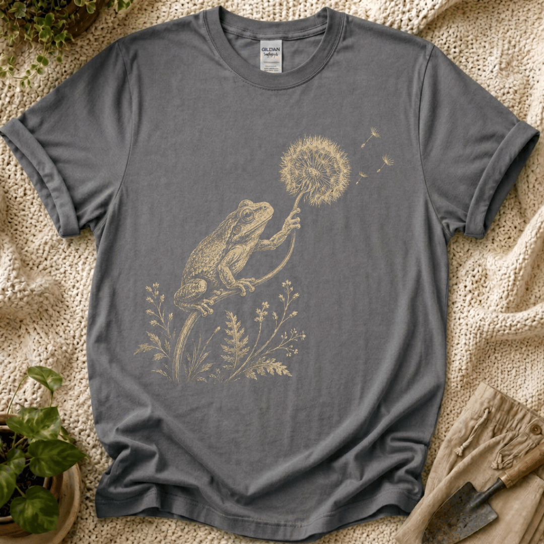 Frog with Dandelion Wish T-Shirt by Zen & Zucchinis Slow Garden Club