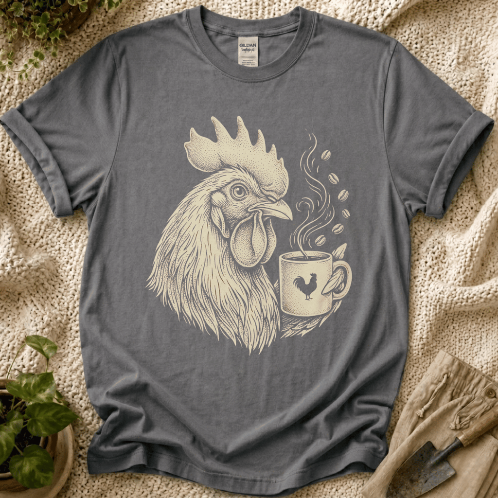 Morning Rooster Coffee Cup T-Shirt by Zen & Zucchinis Slow Garden Club