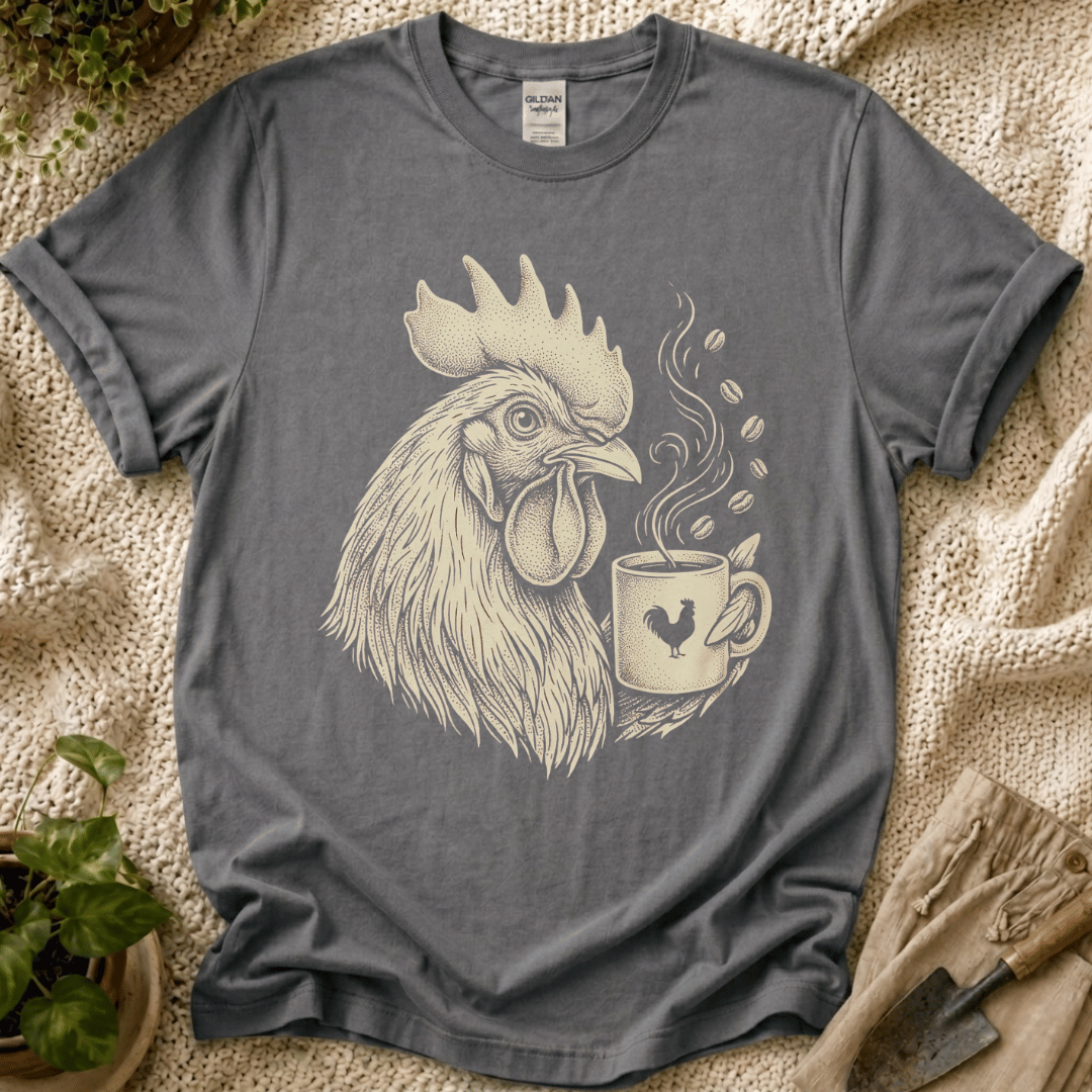 Morning Rooster Coffee Cup T-Shirt by Zen & Zucchinis Slow Garden Club