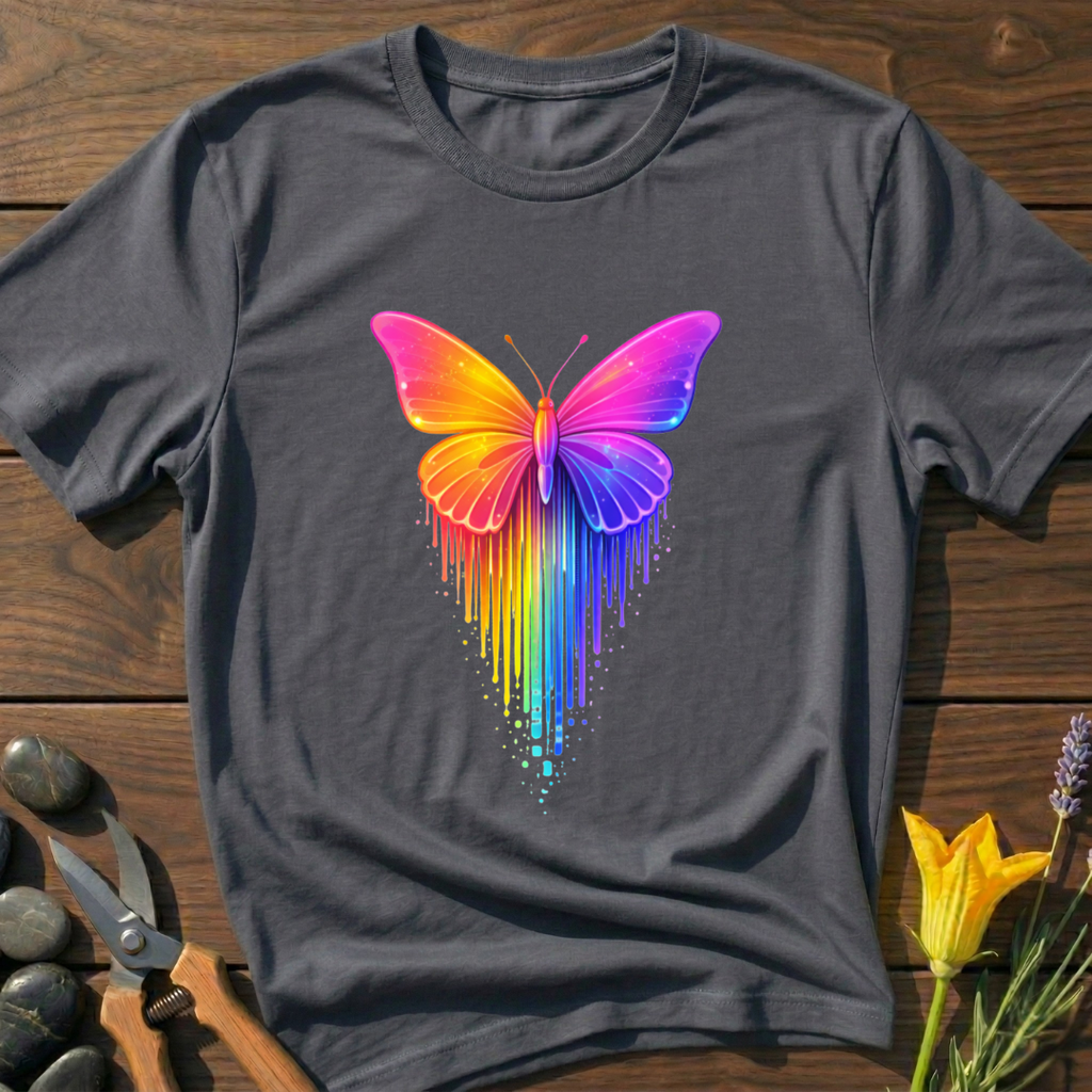 Butterfly Rainbow T-Shirt - botanical nature graphic t-shirt, minimalist design, unisex tee for Nature Lovers, Garnder, Farmer, Plant Lovers