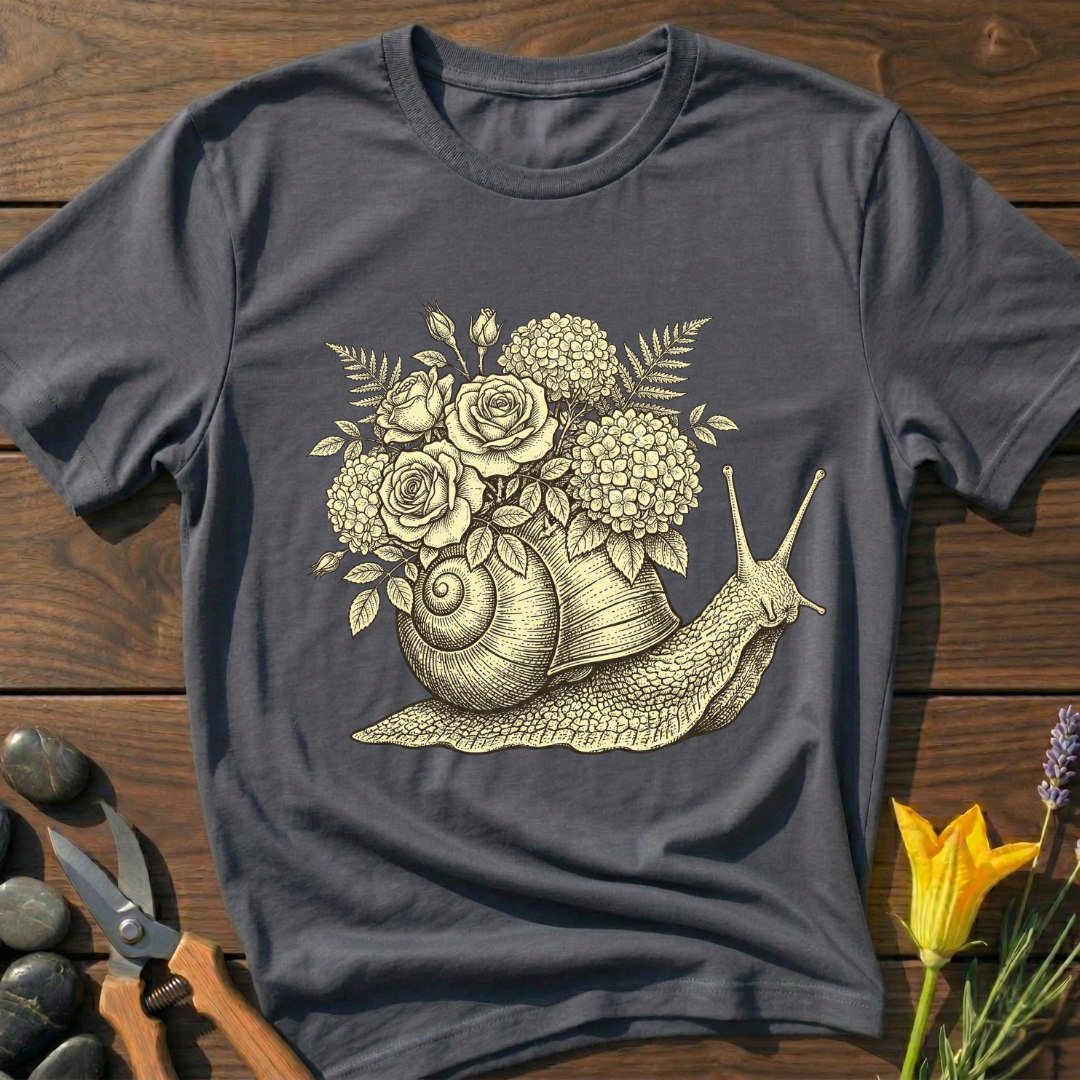 Snail Symbiosis T-Shirt - botanical nature graphic t-shirt, minimalist design, unisex tee for Nature Lovers, Garnder, Farmer, Plant Lovers