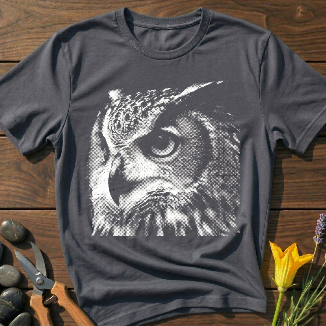 Watching Owl T-Shirt - botanical nature graphic t-shirt, minimalist design, unisex tee for Nature Lovers, Garnder, Farmer, Plant Lovers