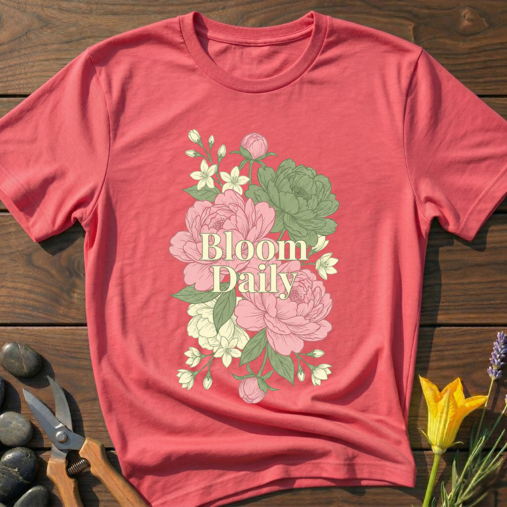 Bloom Daily T-Shirt - botanical nature graphic t-shirt, minimalist design, unisex tee for Nature Lovers, Garnder, Farmer, Plant Lovers