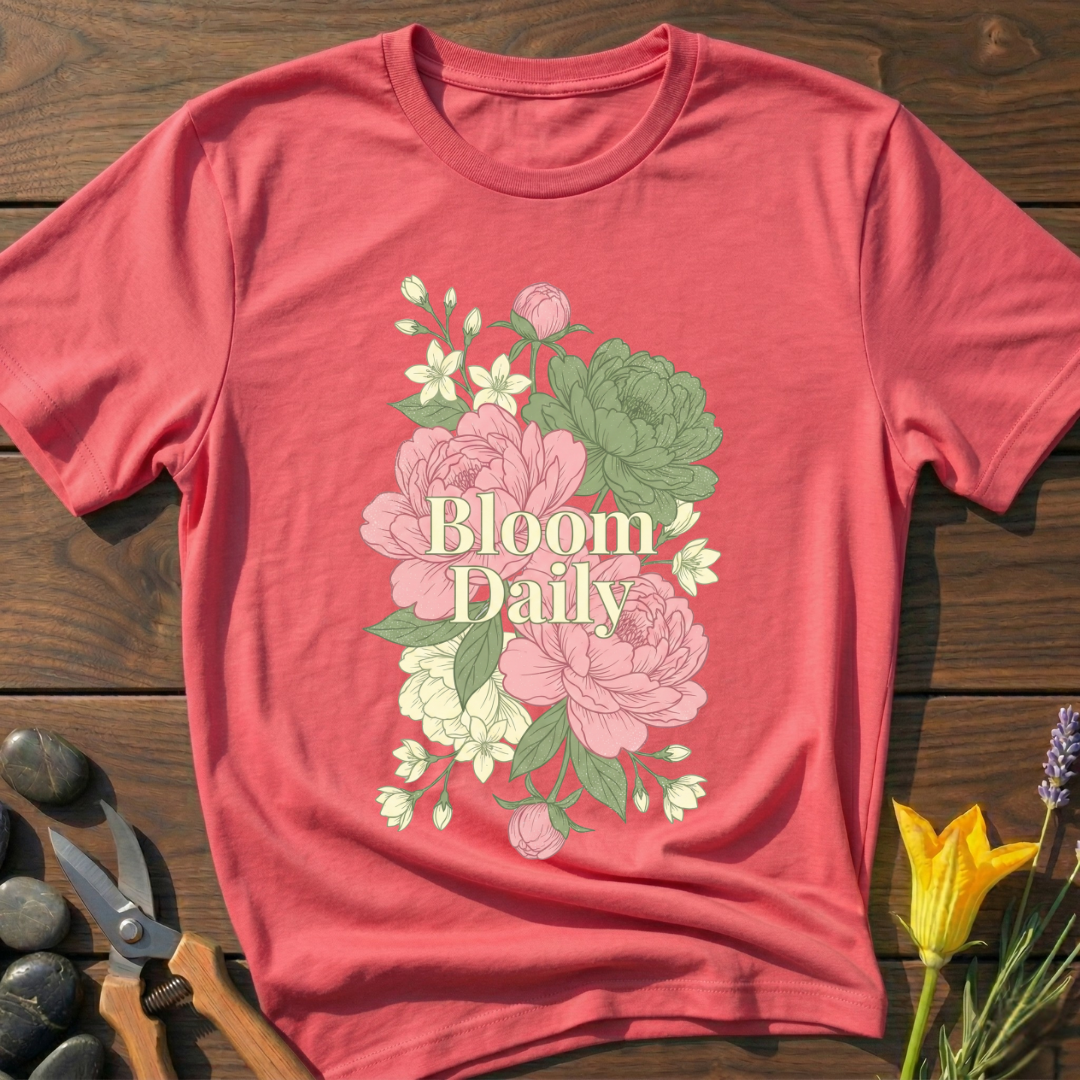 Bloom Daily T-Shirt - botanical nature graphic t-shirt, minimalist design, unisex tee for Nature Lovers, Garnder, Farmer, Plant Lovers