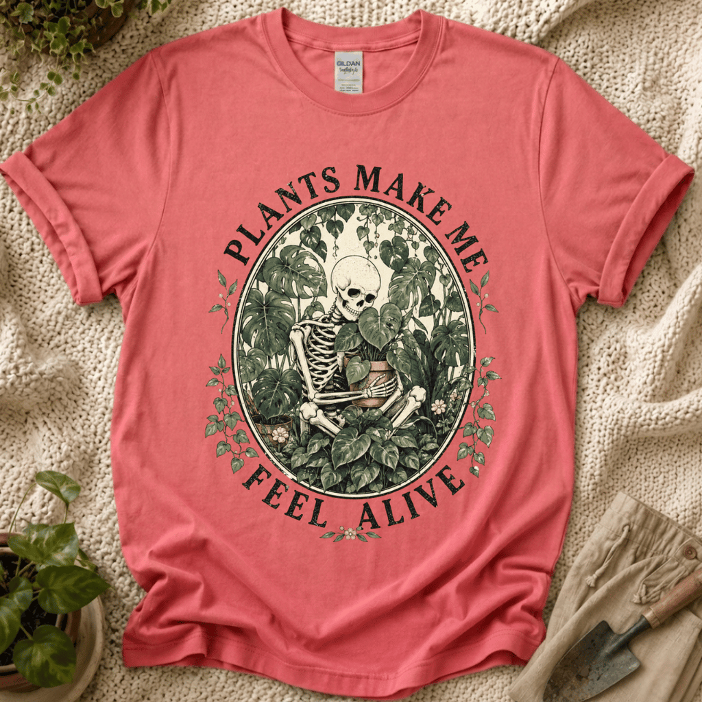 Plants Make Me Feel Alive Skeleton T-Shirt by Zen & Zucchinis Slow Garden Club