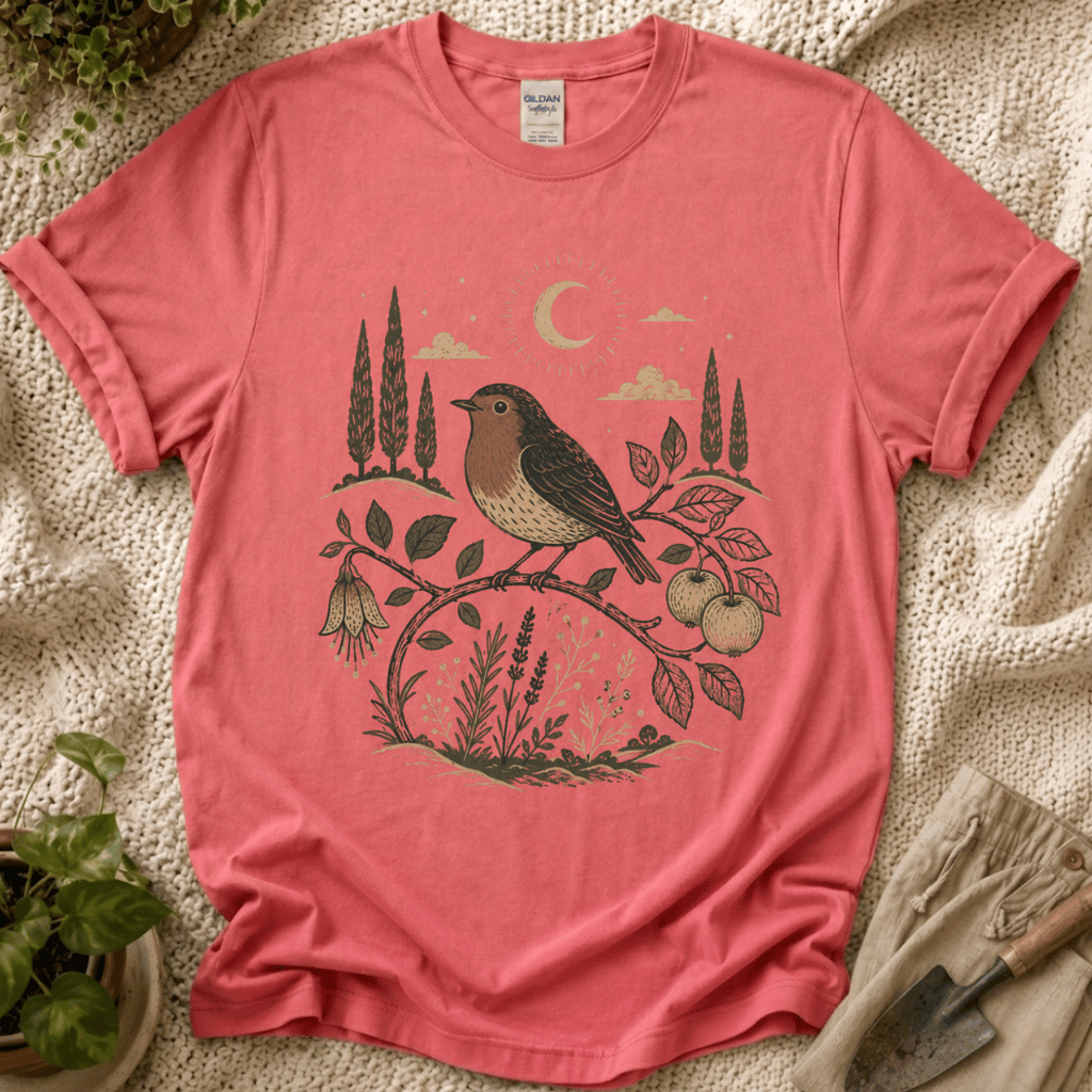 Moonlit Robin Botanical Bird T-Shirt by Zen & Zucchinis Slow Garden Club