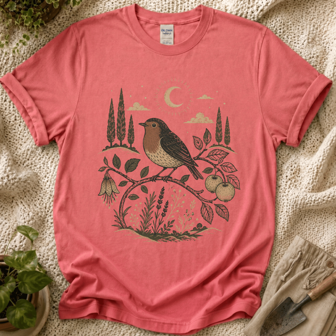 Moonlit Robin Botanical Bird T-Shirt by Zen & Zucchinis Slow Garden Club