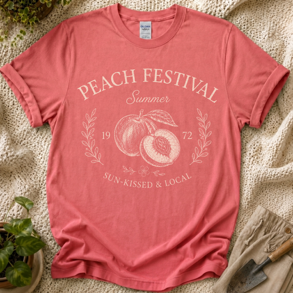 Peach Festival Summer Garden T-Shirt by Zen & Zucchinis Slow Garden Club
