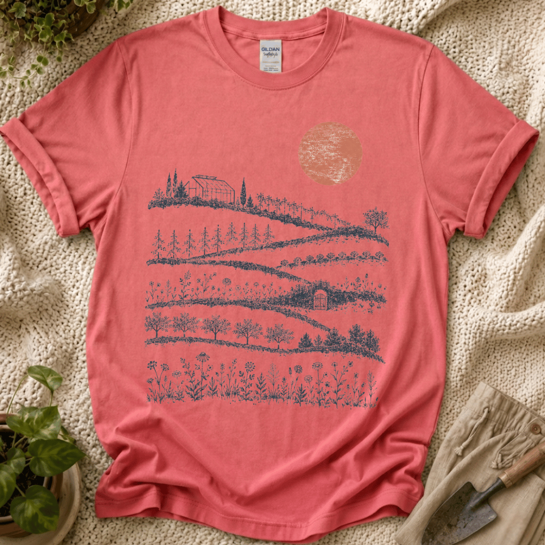 Red Sunset Over Garden T-Shirt by Zen & Zucchinis Slow Garden Club