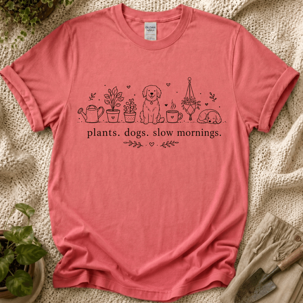Plant. Dogs. Slow Mornings Lover T-Shirt by Zen & Zucchinis Slow Garden Club