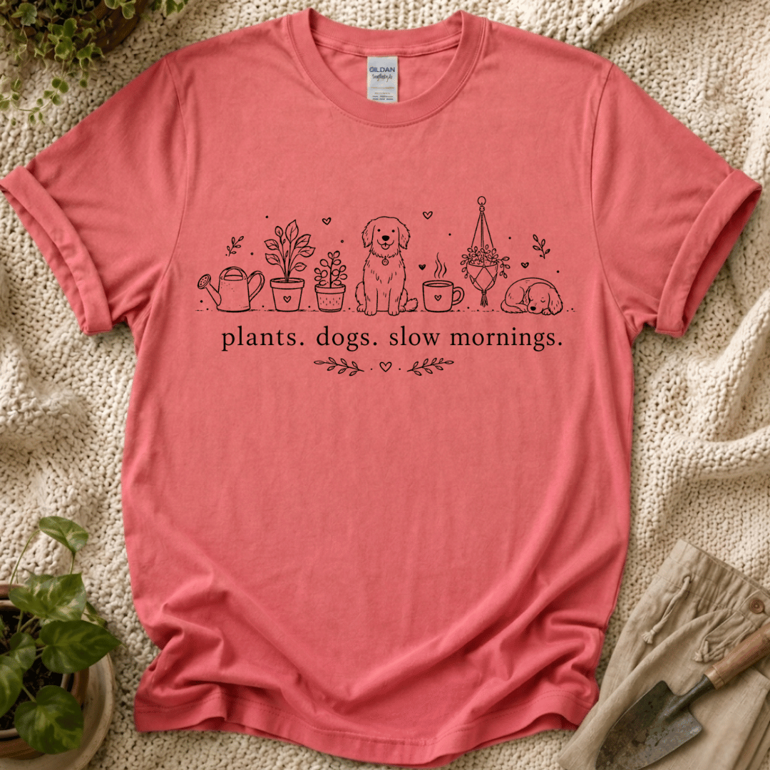 Plant. Dogs. Slow Mornings Lover T-Shirt by Zen & Zucchinis Slow Garden Club