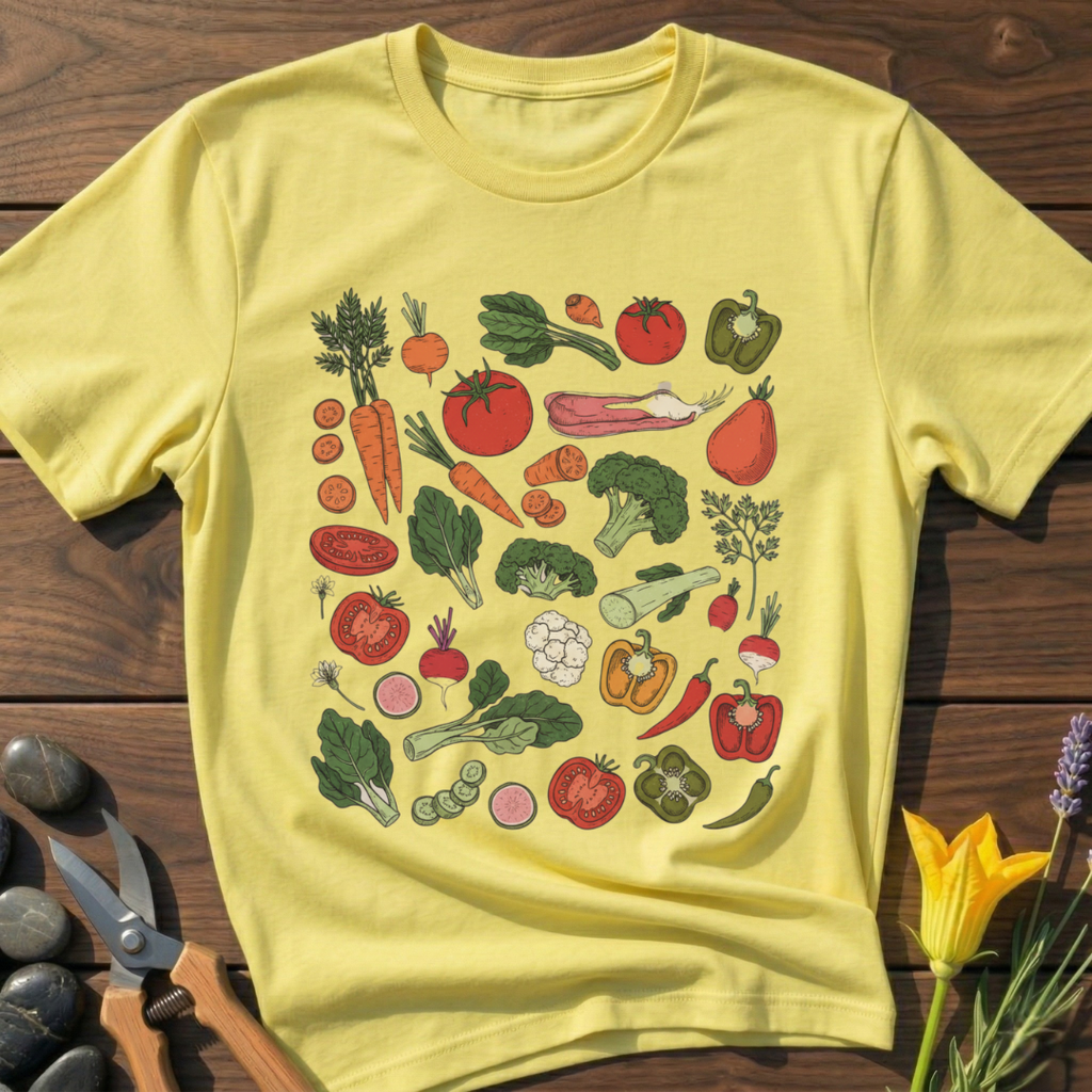 Yellow t-shirt with vegetable pattern on a wooden surface with gardening tools and flowers.
