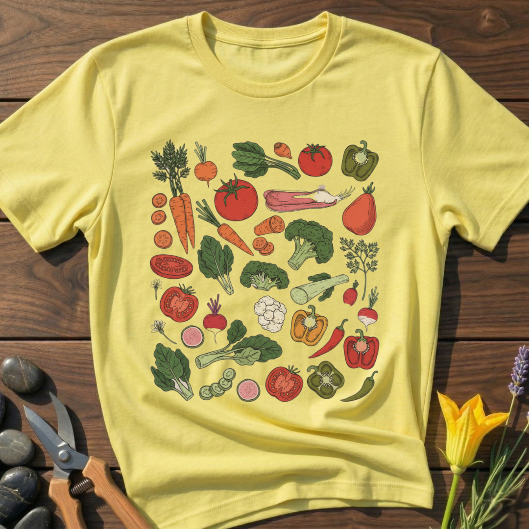 Yellow t-shirt with vegetable pattern on a wooden surface with gardening tools and flowers.