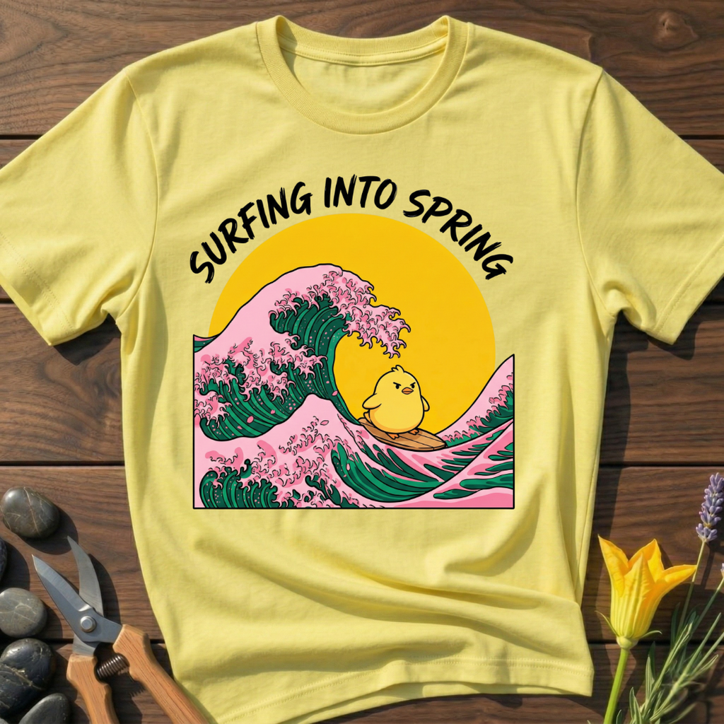 Surf Into Spring T-Shirt - botanical nature graphic t-shirt, minimalist design, unisex tee for Nature Lovers, Garnder, Farmer, Plant Lovers
