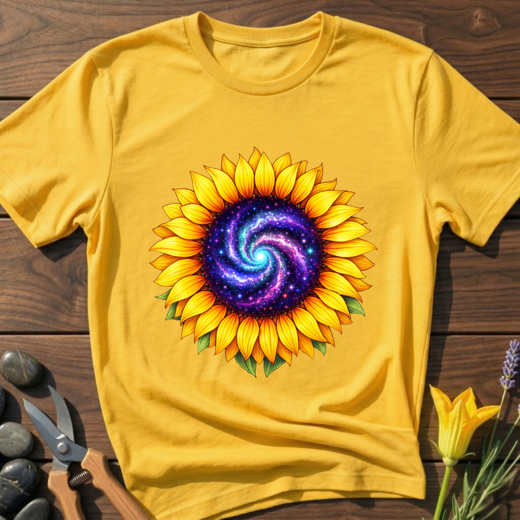 Cosmic Sunflower T-Shirt - botanical nature graphic t-shirt, minimalist design, unisex tee for Nature Lovers, Garnder, Farmer, Plant Lovers