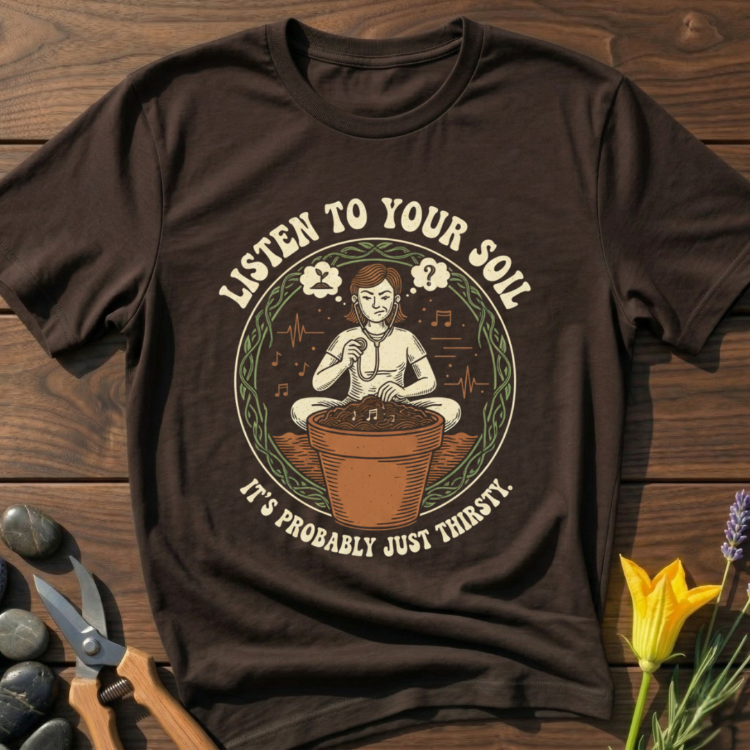 Listen To Your Soil T-Shirt - botanical nature graphic t-shirt, minimalist design, unisex tee for Nature Lovers, Garnder, Farmer, Plant Lovers