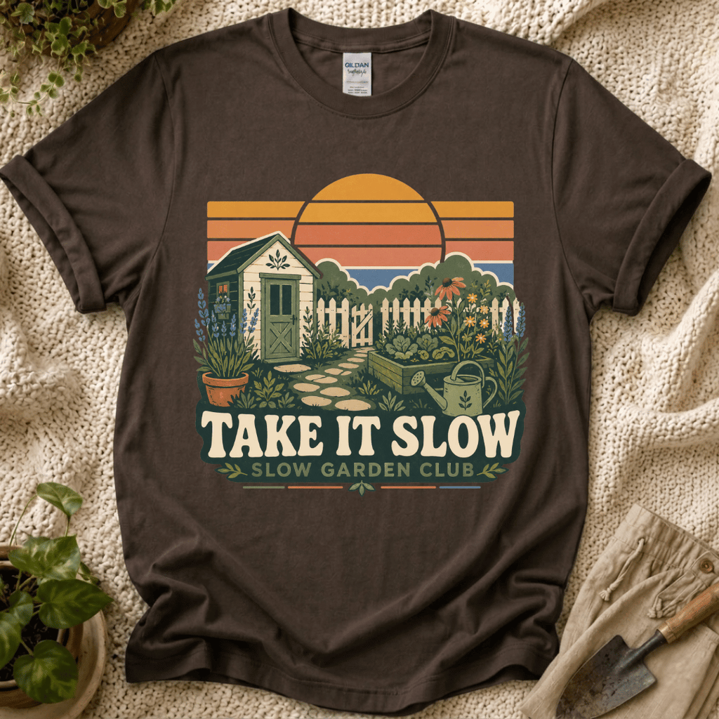 Take It Slow Garden Sunset T-Shirt - Zen & Zucchinis garden graphic tee